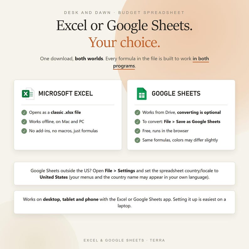 Puede incluir: Un gr&aacute;fico de producto de hoja de c&aacute;lculo de presupuesto titulado Desk and Dawn. Contiene texto que explica la compatibilidad con Microsoft Excel y Google Sheets, incluyendo instrucciones de configuraci&oacute;n para ambos programas en escritorio, tableta y dispositivos m&oacute;viles.