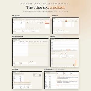Puede incluir: Una plantilla de hoja de c&aacute;lculo de presupuesto digital con seis capturas de pantalla de Excel etiquetadas 05 Accounts, 06 Goals, 07 Subscriptions, 08 Year, 09 Setup y 10 Keywords. El texto dice Desk and Dawn Budget Spreadsheet, The other six, unedited.