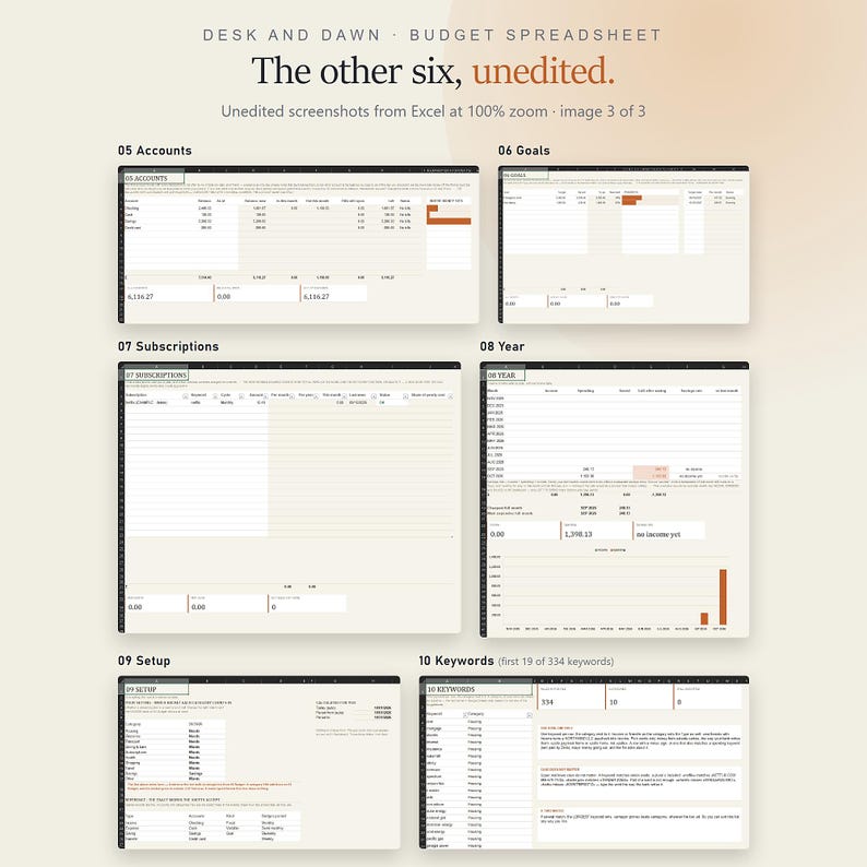 Puede incluir: Una plantilla de hoja de c&aacute;lculo de presupuesto digital con seis capturas de pantalla de Excel etiquetadas 05 Accounts, 06 Goals, 07 Subscriptions, 08 Year, 09 Setup y 10 Keywords. El texto dice Desk and Dawn Budget Spreadsheet, The other six, unedited.