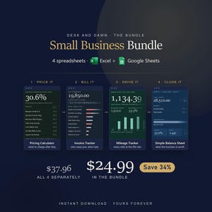 Puede incluir: Un paquete digital Small Business Bundle con cuatro hojas de cálculo compatibles con Excel y Google Sheets. Incluye un calculador de precios, rastreador de facturas, registro de kilometraje y balance general sobre un fondo azul oscuro.
