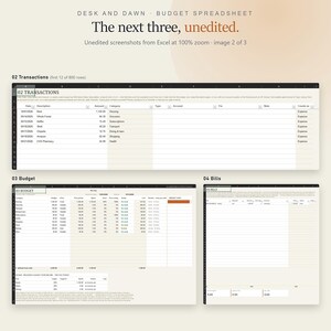 Puede incluir: Una plantilla de hoja de c&aacute;lculo de presupuesto digital titulada Desk and Dawn, que presenta tres secciones: 02 Transactions, 03 Budget y 04 Bills. El dise&ntilde;o muestra capturas de pantalla de Excel con columnas para fecha, descripci&oacute;n, importe, categor&iacute;a, tipo y cuenta.