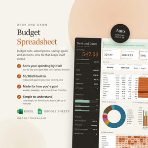 Puede incluir: Una plantilla de hoja de c&aacute;lculo de presupuesto digital de Desk and Dawn con una barra lateral oscura con res&uacute;menes financieros, un panel principal con tablas de transacciones, un gr&aacute;fico circular y un mapa de calor de gastos.