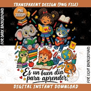 May include: A digital illustration featuring a child with curly hair reading a book, a gray elephant sitting on a stack of books, a cat playing a guitar, an owl, and a child lying down reading. Text reads: Es un buen día para aprender.