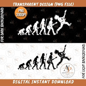 Puede incluir: Un gráfico digital que muestra la evolución de la humanidad, desde un primate hasta un guitarrista de rock. El diseño presenta siluetas blancas sobre fondo negro y siluetas negras sobre fondo blanco, etiquetado como un archivo PNG transparente.