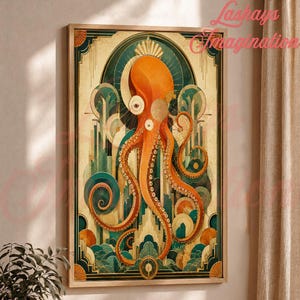 May include: A vertical rectangular wall art print featuring a stylized orange octopus centered against a geometric background of teal, cream, and gold arches and pillars. The text Lashays Imagination is printed in pink in the top right corner.