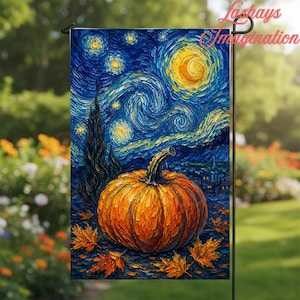 May include: A rectangular garden flag featuring an oil painting style print of a large orange pumpkin resting on the ground among fallen autumn leaves, set against a swirling dark blue night sky with a bright yellow crescent moon and stars.