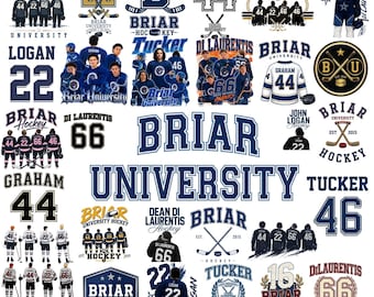 May include: A collection of Briar University hockey graphics featuring players in jerseys with numbers 22, 44, 46, and 66, crossed hockey sticks, pucks, and team logos. The designs include text such as Briar University, Logan, Graham, Tucker, and Di Laurentis.