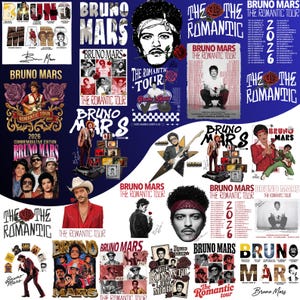 May include: A collage of Bruno Mars The Romantic Tour 2026 graphics featuring various illustrations, photographs, and tour dates. The designs include portraits of the artist, red roses, guitars, and text elements like Bruno Mars and The Romantic Tour.
