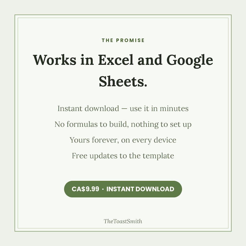 May include: A digital template information card with dark green text on a light background. It reads: THE PROMISE, Works in Excel and Google Sheets. Instant download, no formulas to build, yours forever, free updates. Includes a CA$9.99 button.