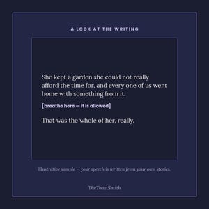 May include: A dark navy blue graphic print featuring the text A LOOK AT THE WRITING, followed by a short prose passage about a garden, the phrase [breathe here - it is allowed], and the text That was the whole of her, really. TheToastSmith.