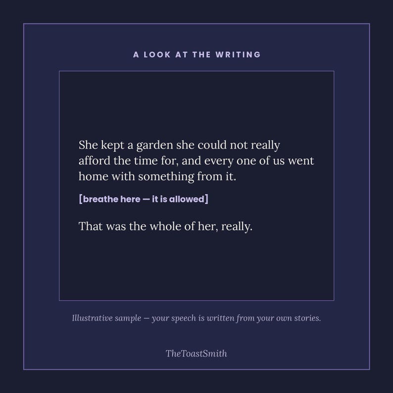 May include: A dark navy blue graphic print featuring the text A LOOK AT THE WRITING, followed by a short prose passage about a garden, the phrase [breathe here - it is allowed], and the text That was the whole of her, really. TheToastSmith.