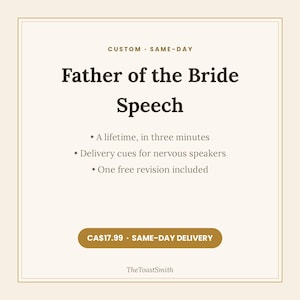 Puede incluir: Un gr&aacute;fico digital con fondo crema y borde dorado que presenta el texto: Custom Same-Day Father of the Bride Speech. Los puntos de la lista incluyen: A lifetime, in three minutes, Delivery cues for nervous speakers, One free revision included.