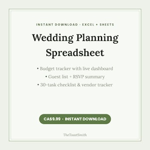 May include: A digital wedding planning spreadsheet for Excel and Sheets. The text reads: Wedding Planning Spreadsheet, Budget tracker with live dashboard, Guest list + RSVP summary, 30-task checklist & vendor tracker, and TheToastSmith.