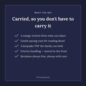 Op de afbeelding: Een donkerblauwe informatieve afbeelding met witte tekst getiteld What You Get, Carried, so you don't have to carry it. Het bevat vijf diensten: een lofrede, leestempo-aanwijzingen, een PDF-aandenken, prioriteitsbehandeling en gratis revisies. De merknaam TheToastSmith staat onderaan.