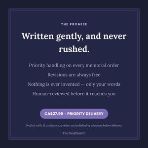 Op de afbeelding: Een donkerblauwe informatieve afbeelding met de titel THE PROMISE. De tekst luidt: Written gently, and never rushed. Priority handling on every memorial order. Revisions are always free. Nothing is ever invented&mdash;only your words. Human-reviewed before it reaches you.