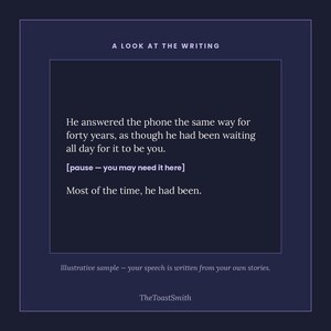 Op de afbeelding: Een donkerblauwe afbeelding met witte tekst die luidt: A LOOK AT THE WRITING. He answered the phone the same way for forty years, as though he had been waiting all day for it to be you. [pause &ndash; you may need it here] Most of the time, he had been.