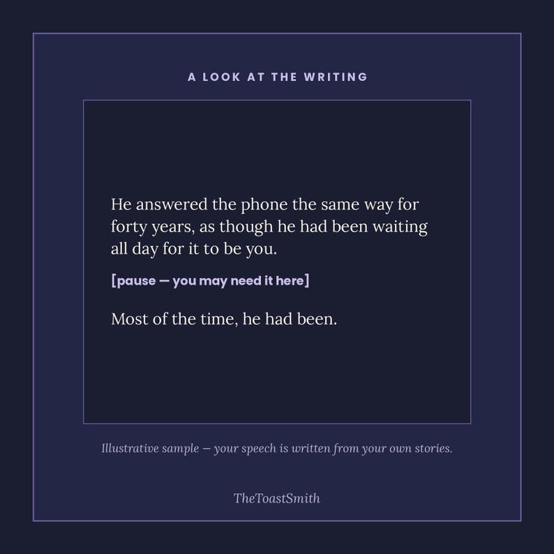 Op de afbeelding: Een donkerblauwe afbeelding met witte tekst die luidt: A LOOK AT THE WRITING. He answered the phone the same way for forty years, as though he had been waiting all day for it to be you. [pause &ndash; you may need it here] Most of the time, he had been.