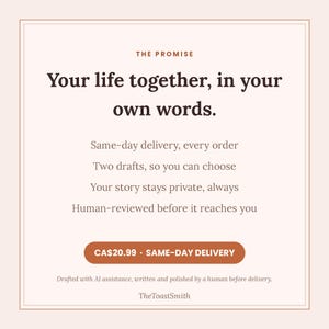 以下が含まれることがあります： 薄いピンクの背景と茶色の細い枠線を持つ正方形のグラフィック。テキストは次の通りです：THE PROMISE, Your life together, in your own words. Same-day delivery, every order, Two drafts, so you can choose, Your story stays private, always, Human-reviewed before it reaches you. 茶色のボタンには CA$20.99 SAME-DAY DELIVERY と書かれています。下部のテキスト：Drafted with AI assistance, written and polished by a human before delivery. TheToastSmith。