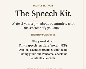 Maid of Honor Speech Kit, Wedding Speech Template + Worksheet, Printable Cue Cards, English and Portuguese, Instant Download