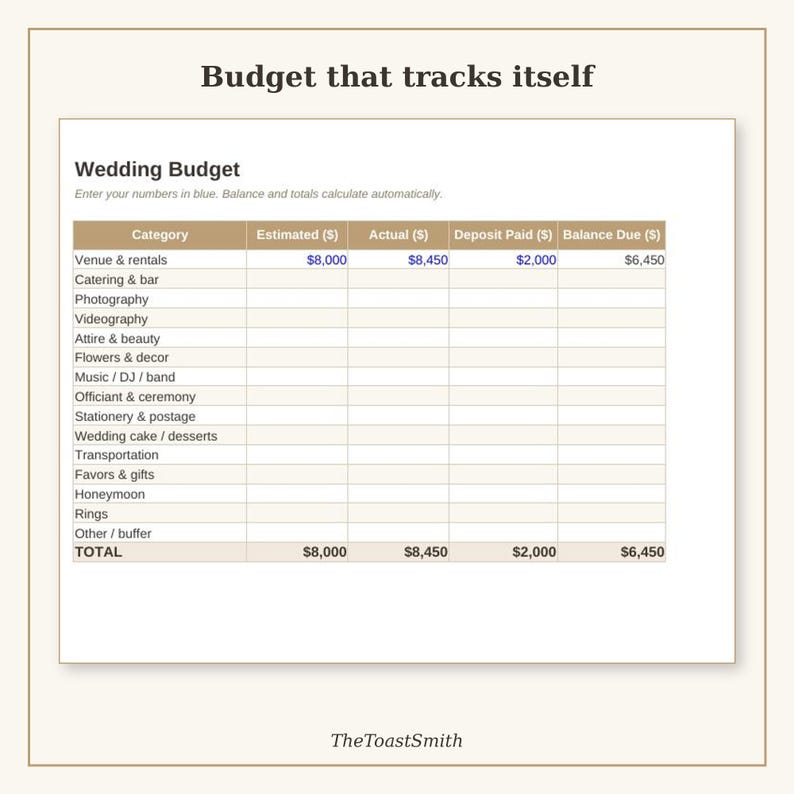 May include: A digital wedding budget spreadsheet titled Budget that tracks itself. The table includes columns for Category, Estimated, Actual, Deposit Paid, and Balance Due in dollars. Rows list wedding expenses like venue, catering, and photography.