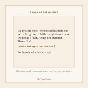 May include: A rectangular graphic with a cream background and gold border featuring the text A LOOK AT THE WRITING, followed by a personal anecdote about a car accident, the instruction wait for the laugh - then slow down, and TheToastSmith.
