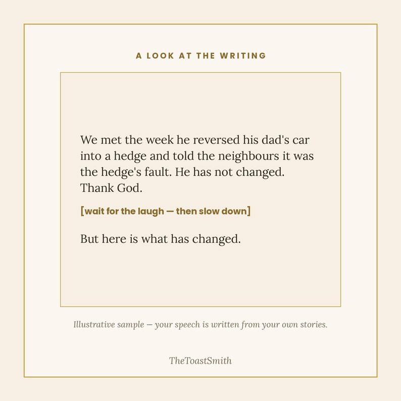 May include: A rectangular graphic with a cream background and gold border featuring the text A LOOK AT THE WRITING, followed by a personal anecdote about a car accident, the instruction wait for the laugh - then slow down, and TheToastSmith.