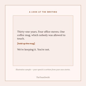 May include: A square graphic featuring the text A LOOK AT THE WRITING at the top. The body text reads: Thirty-one years. Four office moves. One coffee mug, which nobody was allowed to touch. [hold up the mug] We're keeping it. You're not.