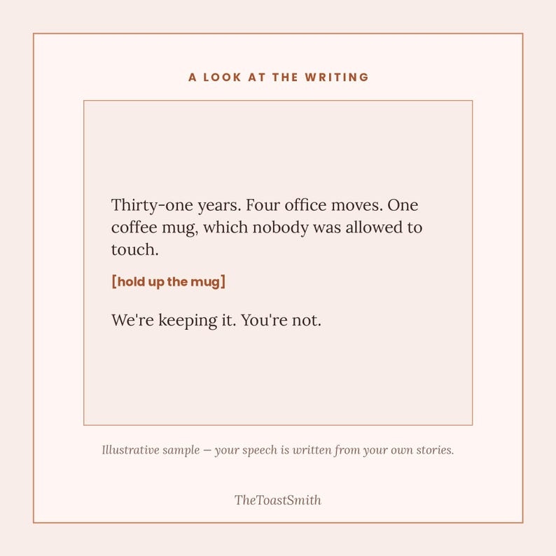 May include: A square graphic featuring the text A LOOK AT THE WRITING at the top. The body text reads: Thirty-one years. Four office moves. One coffee mug, which nobody was allowed to touch. [hold up the mug] We're keeping it. You're not.