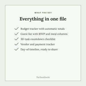 May include: A digital document titled What You Get, Everything in one file. It lists features including a budget tracker with automatic totals, guest list with RSVP and meal columns, 30-task countdown checklist, vendor and payment tracker, and day-of timeline.