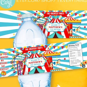 Circus Carnival Water Bottle Labels Editable Instant DIGITAL DOWNLOAD Birthday Drink Labels Wrappers Printable