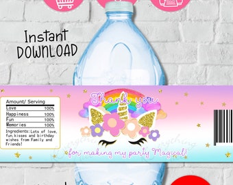 INSTANT DOWNLOAD Rainbow Unicorn Water Bottle Labels Printable Digital Download