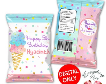 DIGITAL DOWNLOAD Ice Cream Birthday Chip Bag Labels Digital Printable