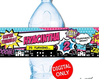 DIGITAL DOWNLOAD Hero Girl Theme Water Bottle Labels Wrappers Digital Printable
