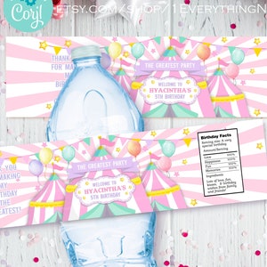 Instant Download Carnival Circus Pink Pastel Girl Editable Water Bottle Label Digital Birthday Printable