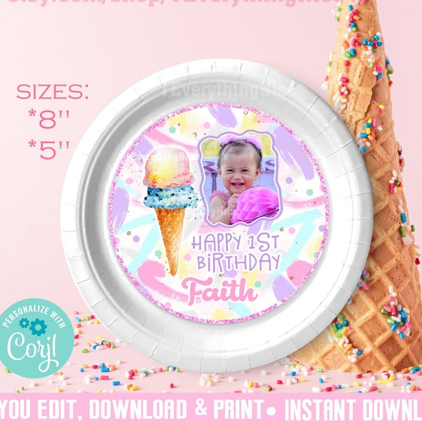 Ice Cream Pastel Theme Birthday Party Favors 8" and 5" Plastic Plate Insert Label Instant Editable Template Digital Printable DOWNLOAD