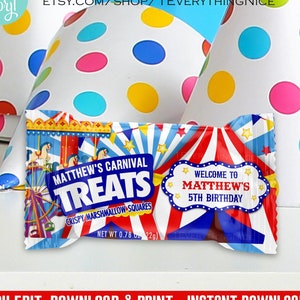 Instant Download Carnival Circus Rice Krispy Wrapper Editable DIGITAL Printable
