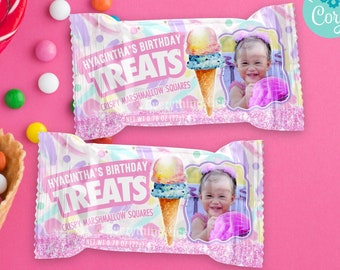 Ice Cream Pastel Theme Birthday Party Favors Krispy Treat Wrapper | Instant Editable Template Digital Printable DOWNLOAD