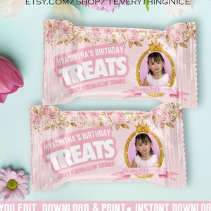 Princess Editable Instant DOWNLOAD Pink and Gold Royal Birthday Theme Rice Krispies Wrapper DIGITAL Printable image 1