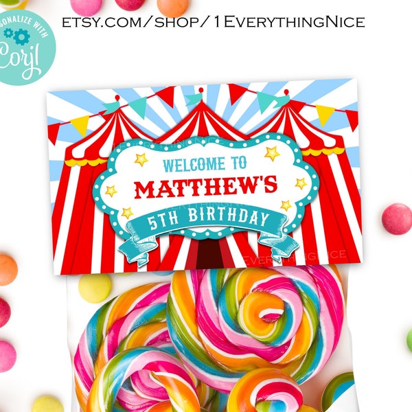 Carnival Circus Red Theme 5x3 Treat Bag topper Instant Digital Download Editable Birthday Printable