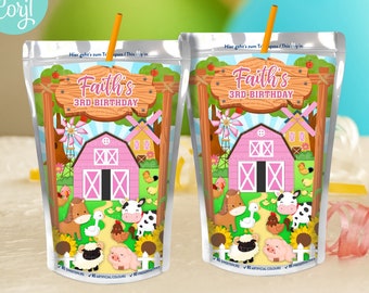 Pink Farm Barnyard Editable Juice Pouch Label Digital DOWNLOAD Birthday Printable
