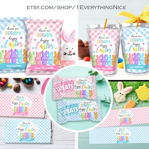 Happy Easter Pastel Theme Editable Instant DOWNLOAD Pink Blue Theme Wrappers Labels DIGITAL Printable Bundle Set image 1