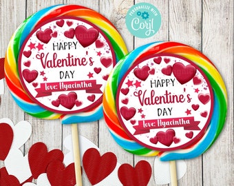 Valentines Valentine Happy Hearts Day Editable DIGITAL DOWNLOAD Birthday 3" Lollipop Label Printable