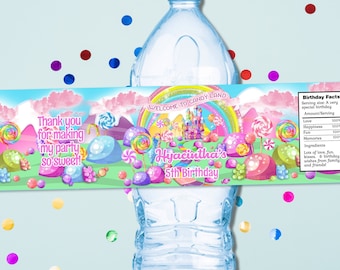 Pastel Editable DIGITAL DOWNLOAD Candy Land Candyland Birthday Party Water Bottle Labels Drink Wrappers Printable