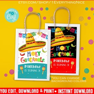 Holy Guacamole Theme Birthday Fiesta Taco Tuesday Cinco De Mayo May 5x8 Gift Paper Bag Label Instant Editable Digital Download Printable image 1