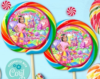 Candyland Candy Land Tema 3&quot; Lollipop Etiquetas Cumpleaños Baby Shower Fiesta Imprimible Editable DESCARGA DIGITAL 014