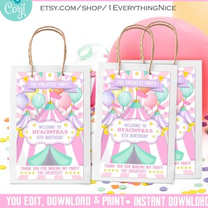 Download istantaneo Etichetta sacchetto di carta regalo Carnival Circus Modificabile DIGITALE stampabile