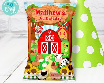 Red Farm Barnyard Barn Country Animals Editable Chip Bag Wrapper Birthday Label Digital DOWNLOAD Birthday Printable