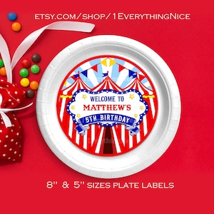 Carnaval Circus rood & blauw thema 8" en 5" plaatlabels Instant Digitale Download bewerkbare verjaardagsfeestje afdrukbaar