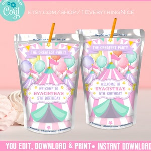 Instant Download Carnival Circus Pink Pastel Girl Editable Juice Pouch Label Digital Birthday Printable