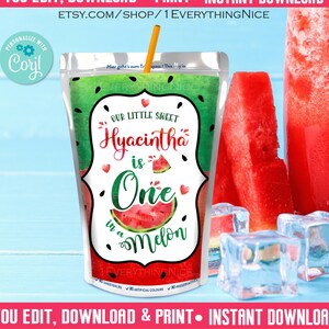 One in a Melon Instant Editable Digital DOWNLOAD Watermelon Theme Juice Labels Birthday Printable image 4